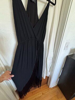 Nasty Girl Rayon Size S Black Spaghetti strap dress with fringe.